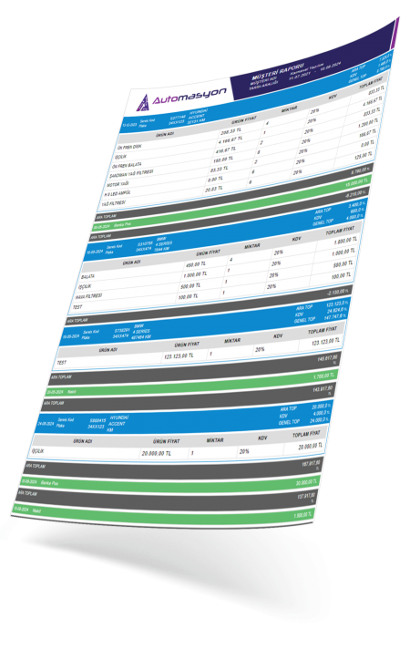 Oto servis takip programı Müşteri Raporu