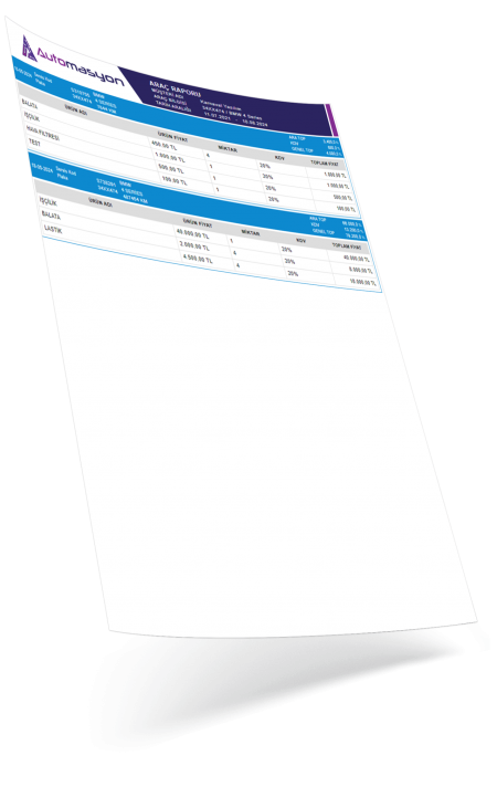 Oto servis takip programı Araç Raporu