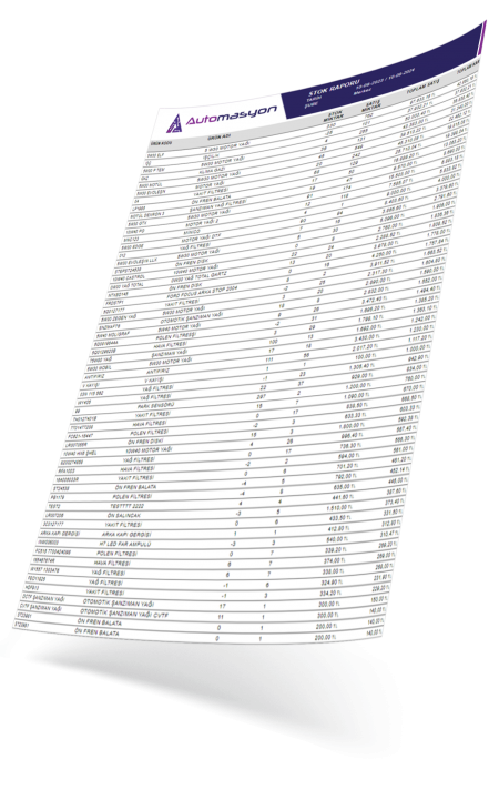 Oto servis takip programı Stok Raporu